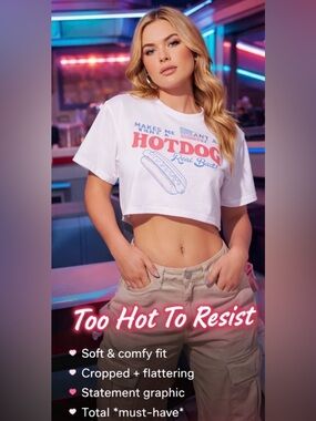 White Graphic Crop Tee with Hotdog Print